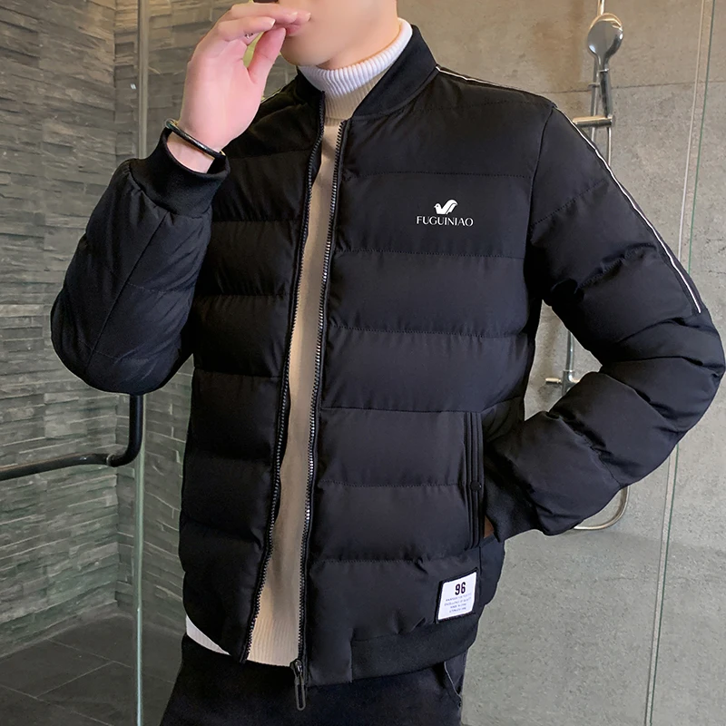 Down jacket brand stand collar casual side sewn pocket zipper in solid color winter cotton padded coats for men