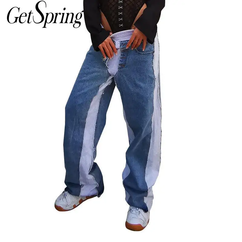 GetSpring женские джинсы из денима в стиле пэчворк прямые с эластичной резинкой на