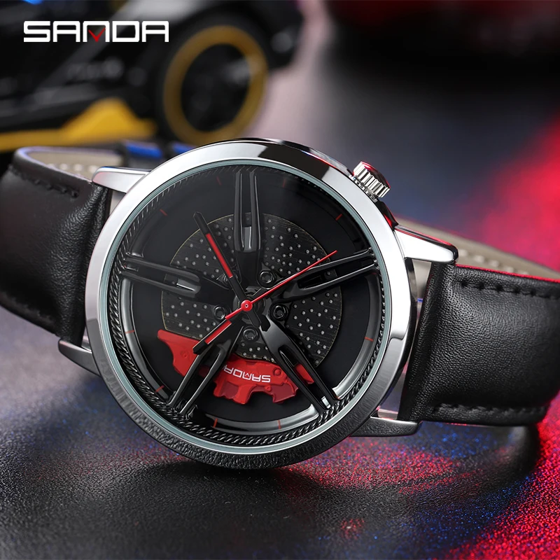 

SANDA Top Brand New Men's Watches Fashion Casual Car Wheel Dial Leather Watch for Men Waterproof Quartz Movement wristwatch 1040