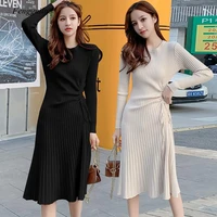 solid sweater women dress elegant drawstring knitted dress winter 2020 new o neck long sleeve a line slim party dresses