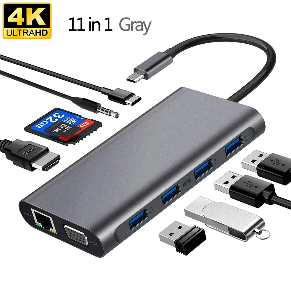 

USB 3.1 Type-C Hub to HDMI Adapter RJ45 4K Thunderbolt 3 USB C Hub 3.0 VGA TF SD Reader Slot PD For MacBook Pro Air 13 2020 2021