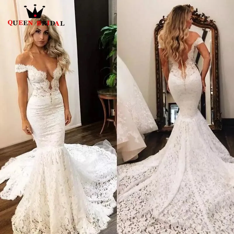 

Sexy Wedding Dress Mermaid Cap Sleeve Big Train Tulle Lace Flowers Appliques 2021 New Design Bridal Dresses Custom Made SH08