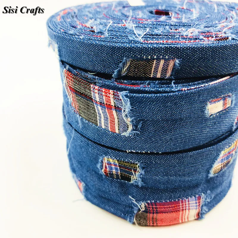 Sisi Crafts Tape Blue Denim Jeans Ribbon Hollow Shapes Ripped Plaid Riband Bias Trim Layering DIY Hair Bow Tie Collar Materia 1M | Дом и сад
