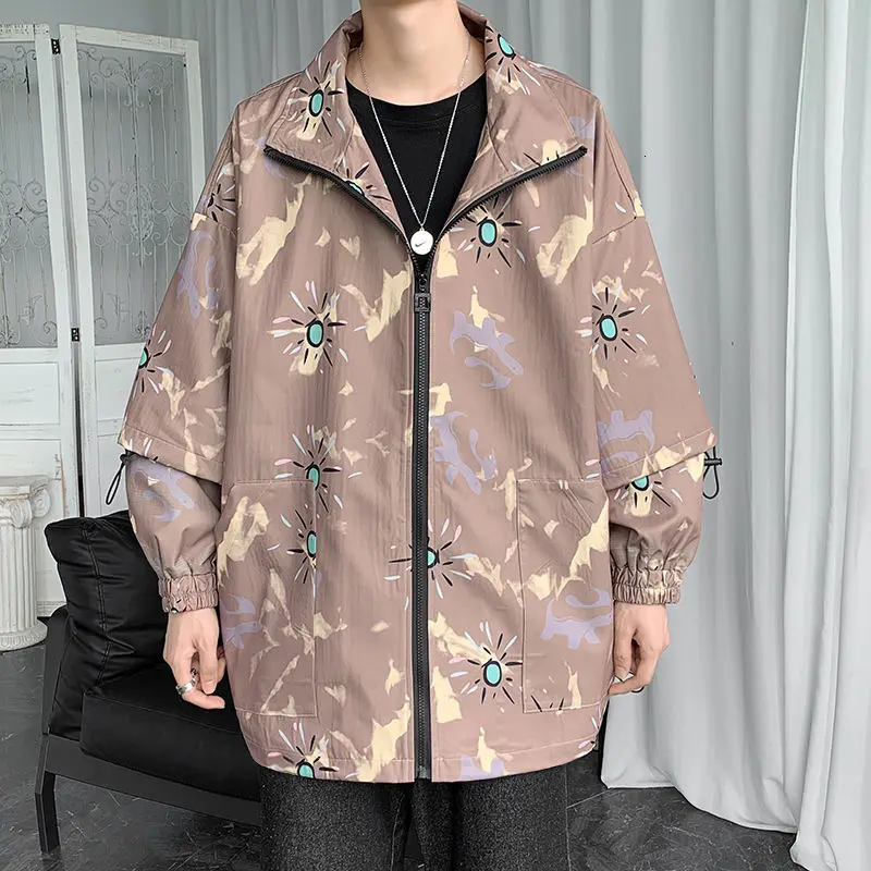 

20 Autumn And Winter New Men's Graffiti High Collar Coat Casual Loose Youth Fashion Jacket Drawstring Hem Design Coat Size M-XXL