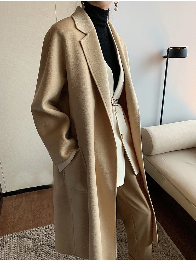 Женское шерстяное пальто с отложным воротником дизайнерское длинное синее