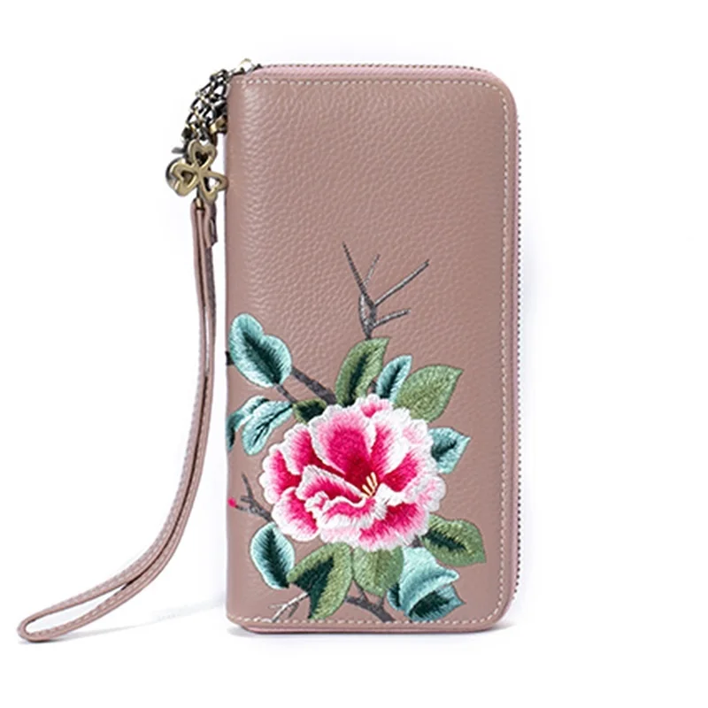 Женские кожаные кошельки с вышивкой большой женский кошелек из натуральной кожи