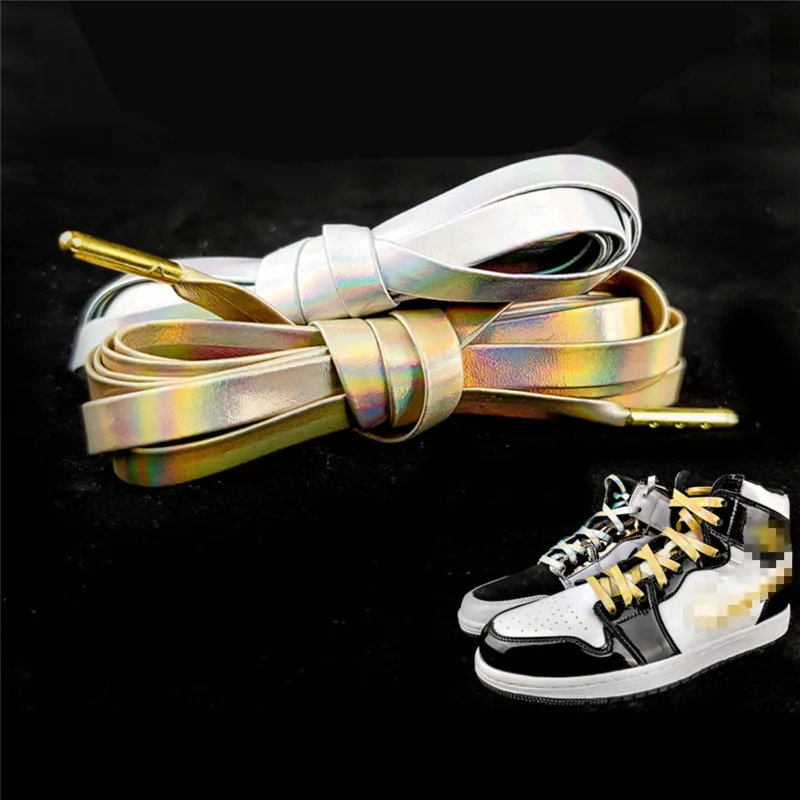 Laser Gold Silver PU Leather Flat Shoelaces 120cm Reflective Women Men Sports Casual Basketball Boot Shoes Laces Strings