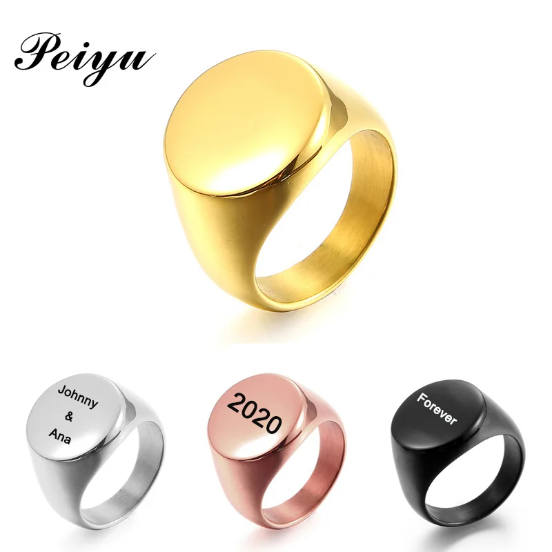 

Men's Round Signet Ring Stainless Steel Personalized Band Ring Engraved Name Logo Customized Ring Biker Nightclub Jewelry Gift