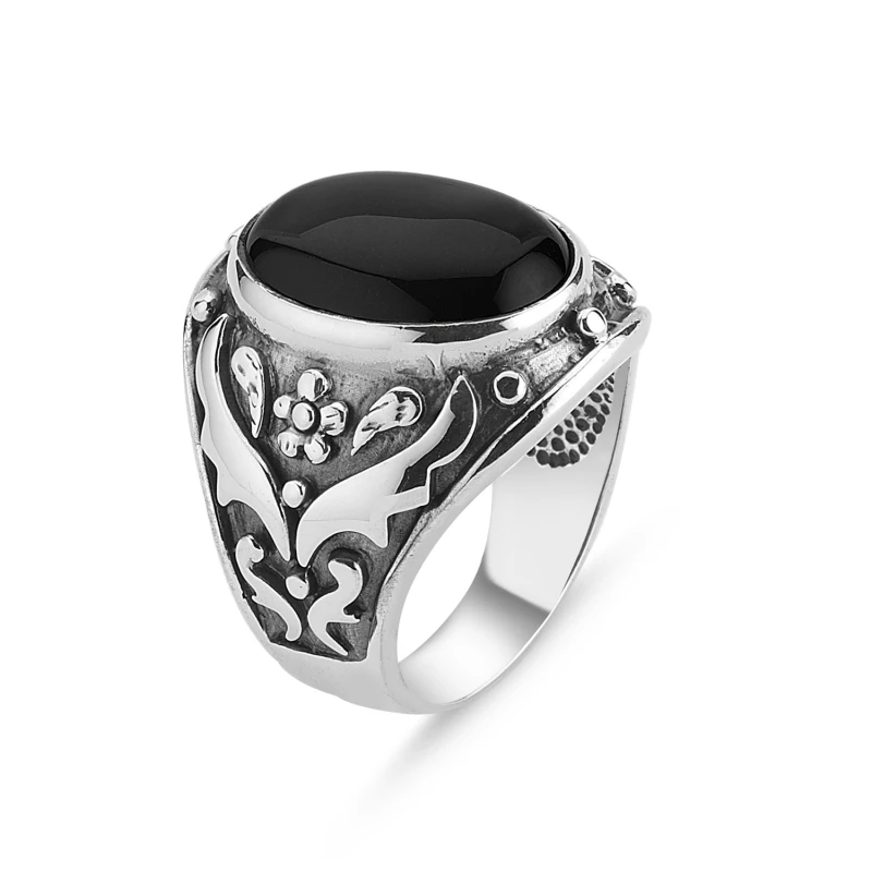 

Silver 925 Sterling Rugs Patterned Oval Onyx Gemstone Ring