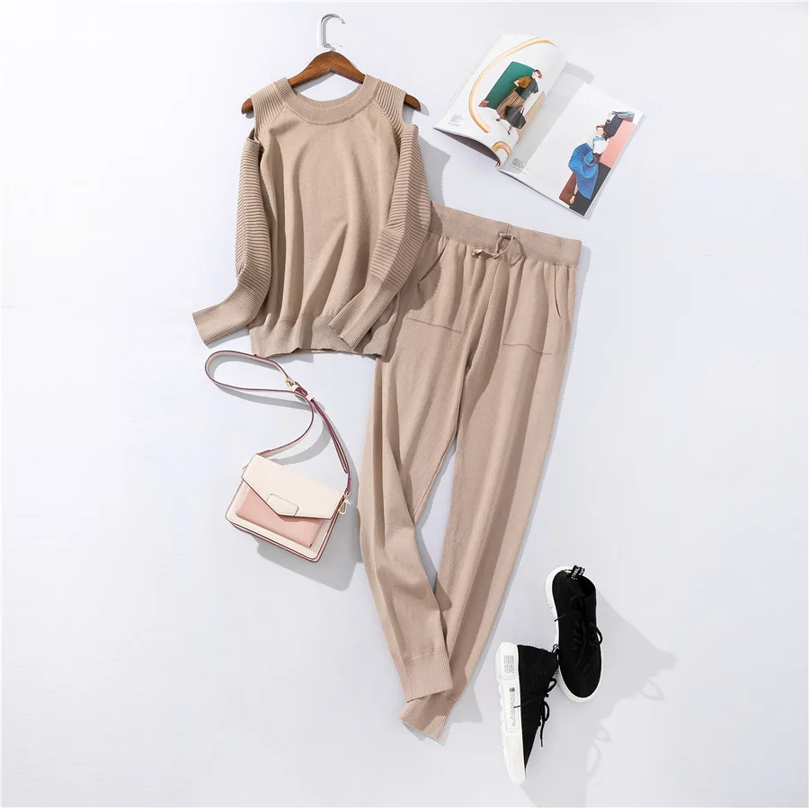 Женский трикотажный спортивный костюм Rlyaeiz Осенний Повседневный свитер без Плеч