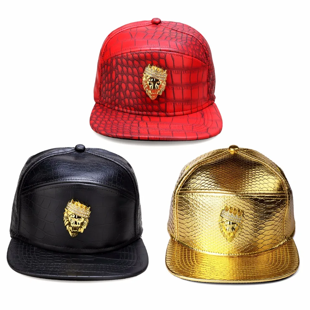 Hip Hop Crown Lion Head Logo PU Leather Baseball Cap Rap 5 Panel Metal Casual Belt Buckle Snapback Hats Men Black Red Gold