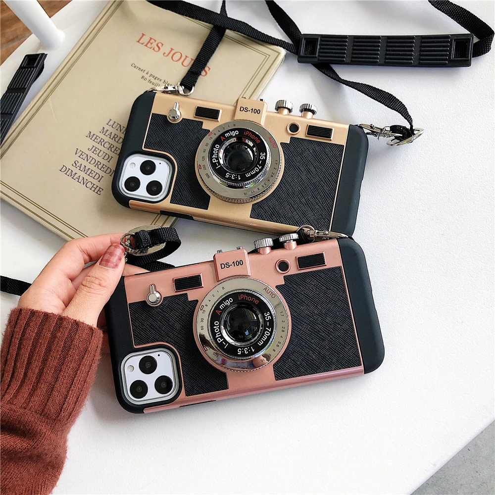

Vintage camera with lanyard Mobile phone shell For iPhone 11 Pro Max 8 7 6 6s Plus Xr XsMax X Xs case