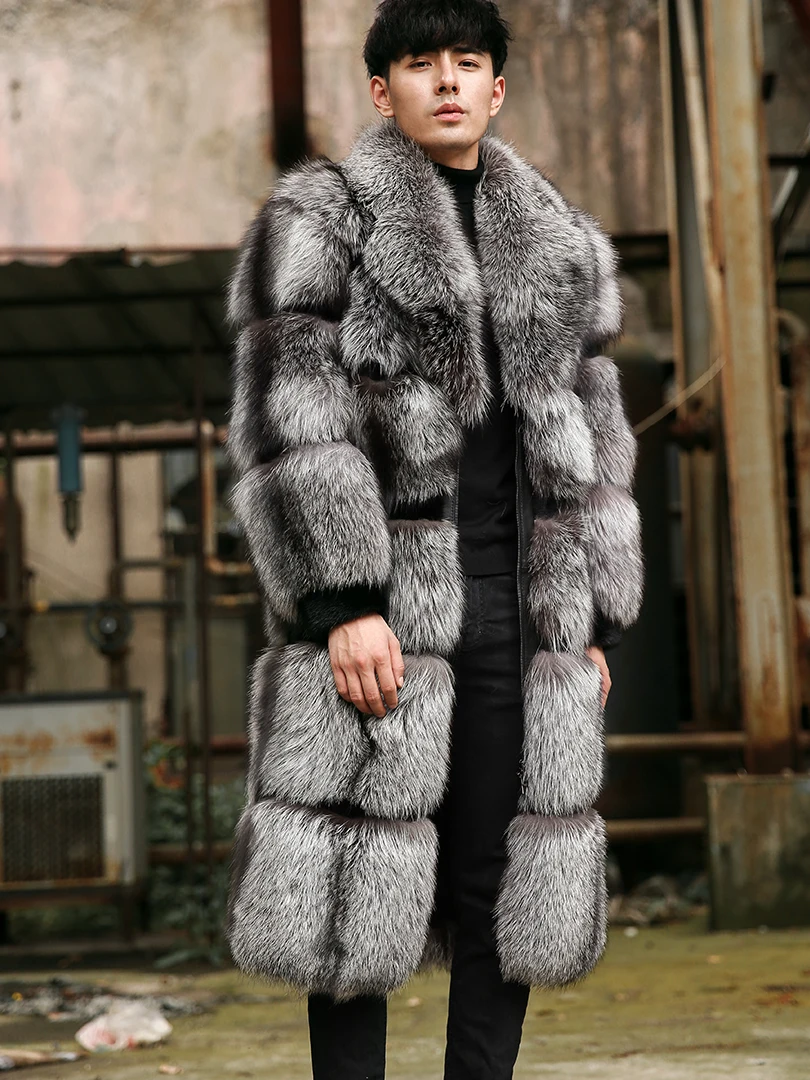 

2020 Real Fox Fur Leather Jackets Winter Coat Men Silver Fox Color Long Coat for Men Lapel Jackets Natural Fox Fur Men Clothes