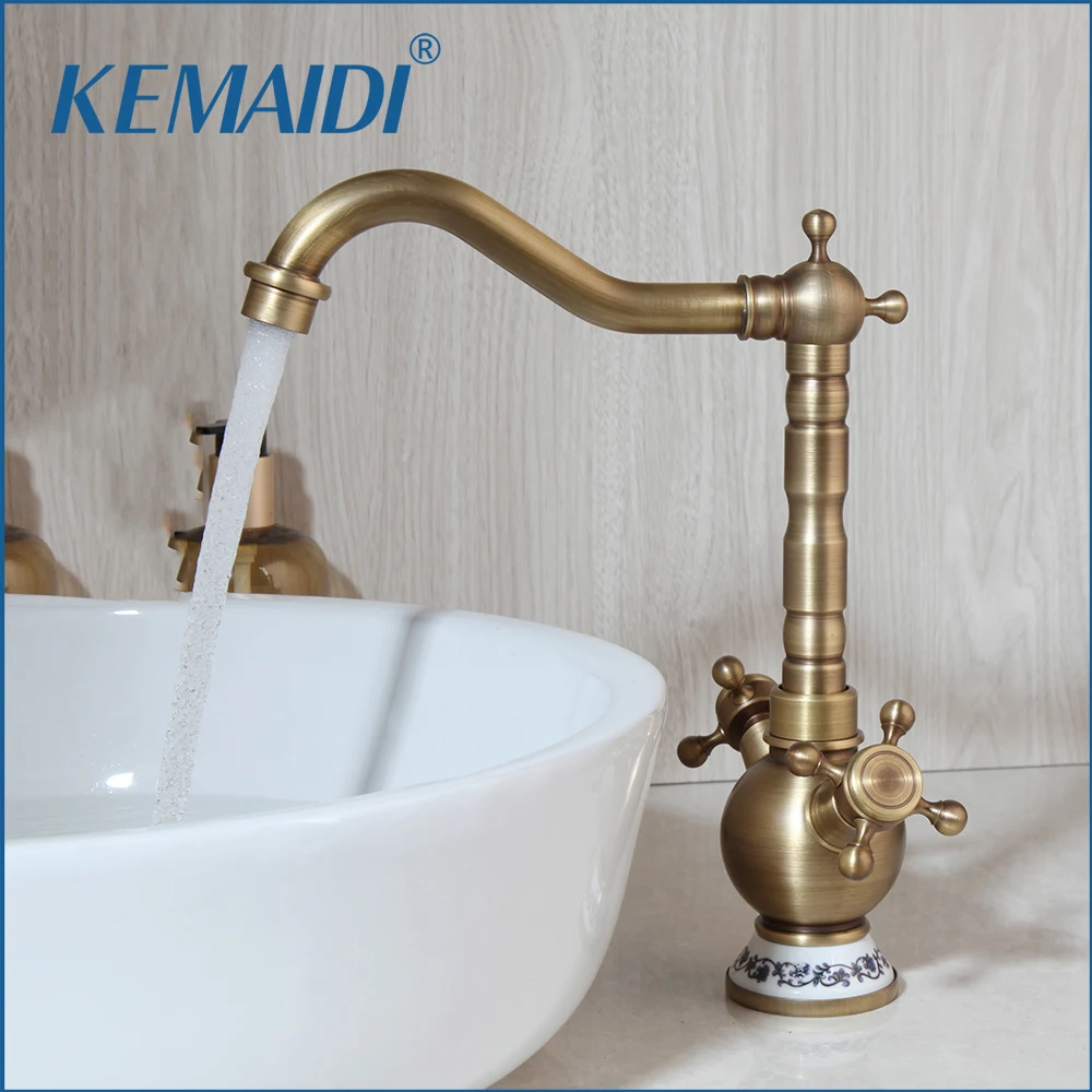 

KEMAIDI Double Handles Retrol Antique Brass Swivel 360 Deck Mount Basin Sink Kitchen Torneira Cozinha Vessel Tap Mixer Faucet