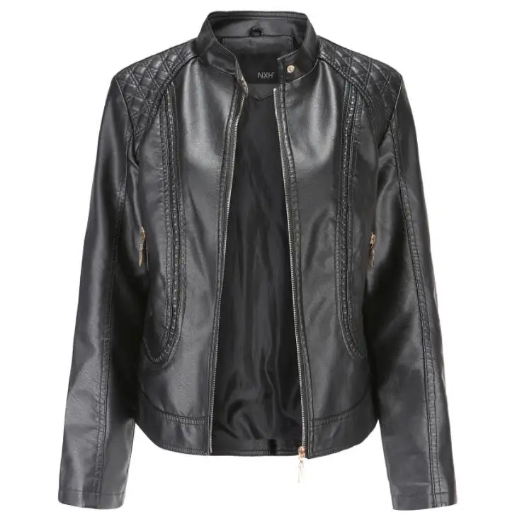 Women Leather Jacket Female Zipper Stitching Rivet Stand Collar PU Leather Outerwear Leather Outwear Fall Jacket