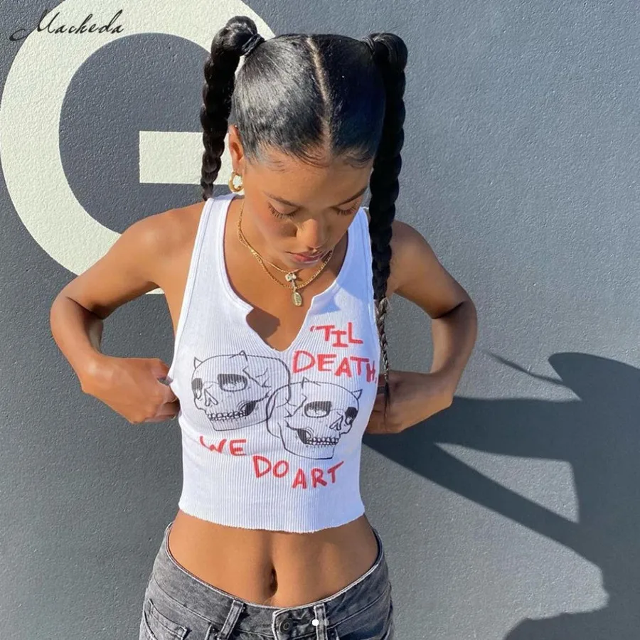 

Macheda Spring Fashion Printing Tank Top Women Knitting Sleeveless Slim Clothing Y2K Lady Street Sexy Cropped Top 2021 New