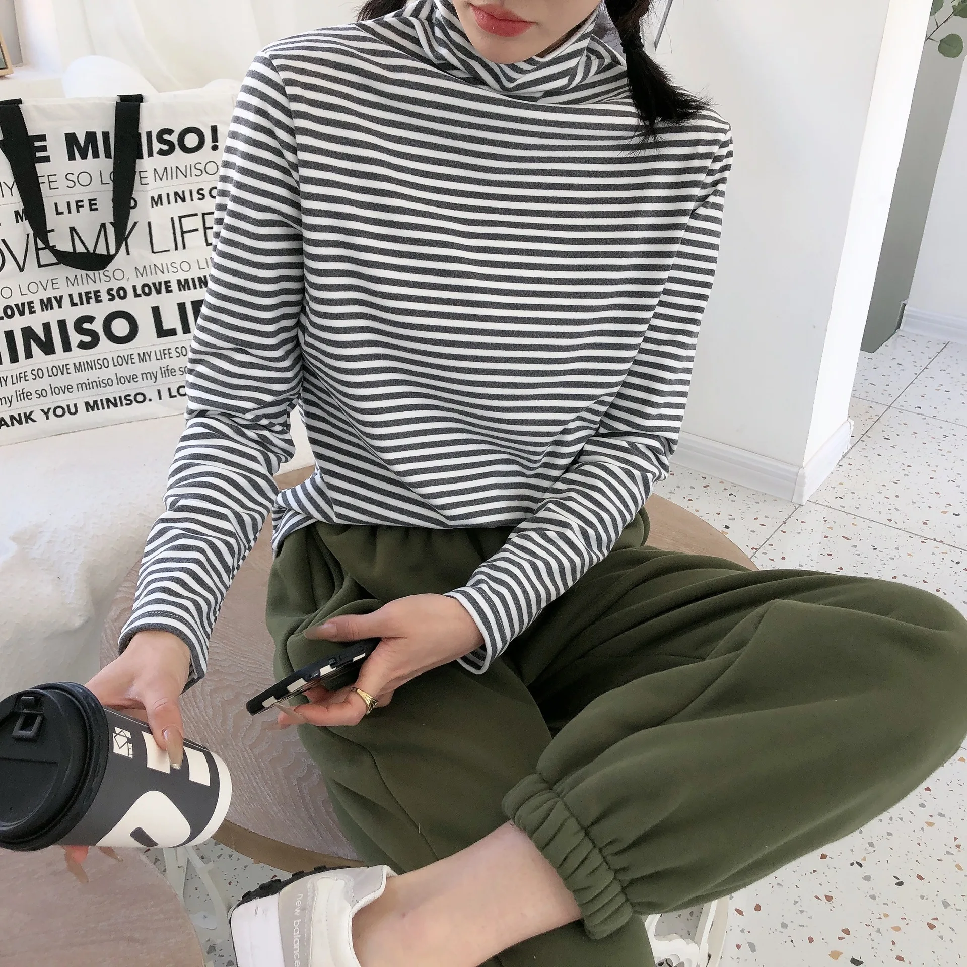 

Winter Women Turtleneck Stripe T Shirt Pullovers Long Sleeve Simple Stretchy Fitting Casual Tee Tops Black