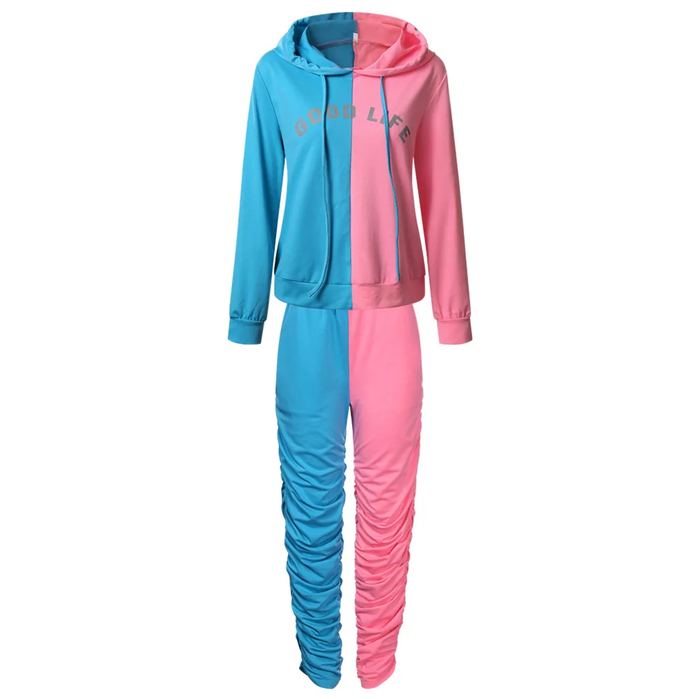 

Zoctuo Good Life Letter Two Piece Set Patchwork Women's Set Hoodies Stacked Sweatpant Jogger Pants Suit Tracksuit Outfit