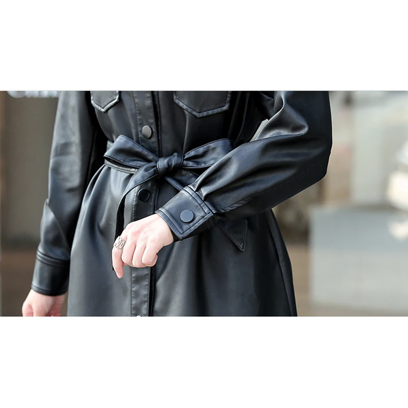 New Women Sheep Leather Trench Coat Spring 2022 Fashion Turn-down Collar Single Breasted Medium Long Stylish Sheepskin Jacket