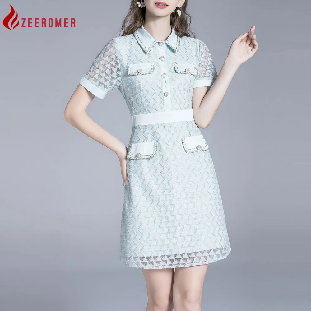 

2023 Summer Elegant Runway Dress Women Turn-down Collar Short Sleeve Lace Party Dress Korean High-end Elegant Office Midi Dress