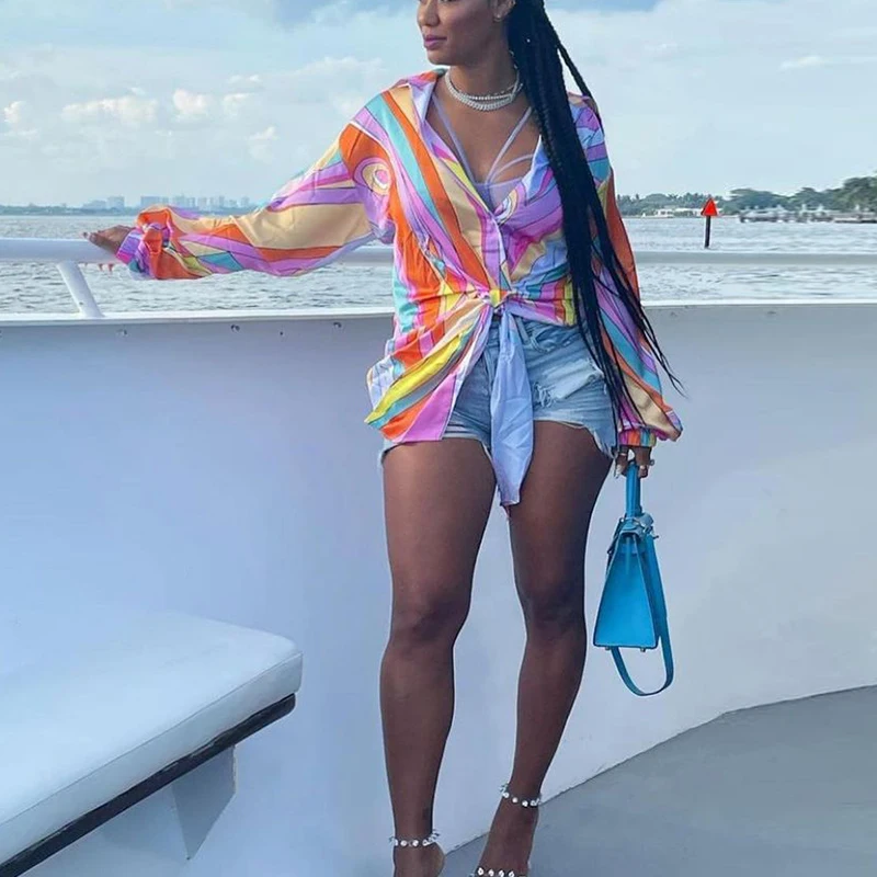 

Новинка весна-осень 2021, рубашки, повседневные шикарные рубашки с длинным рукавом, завязкой спереди, пуговицами и принтом, топы