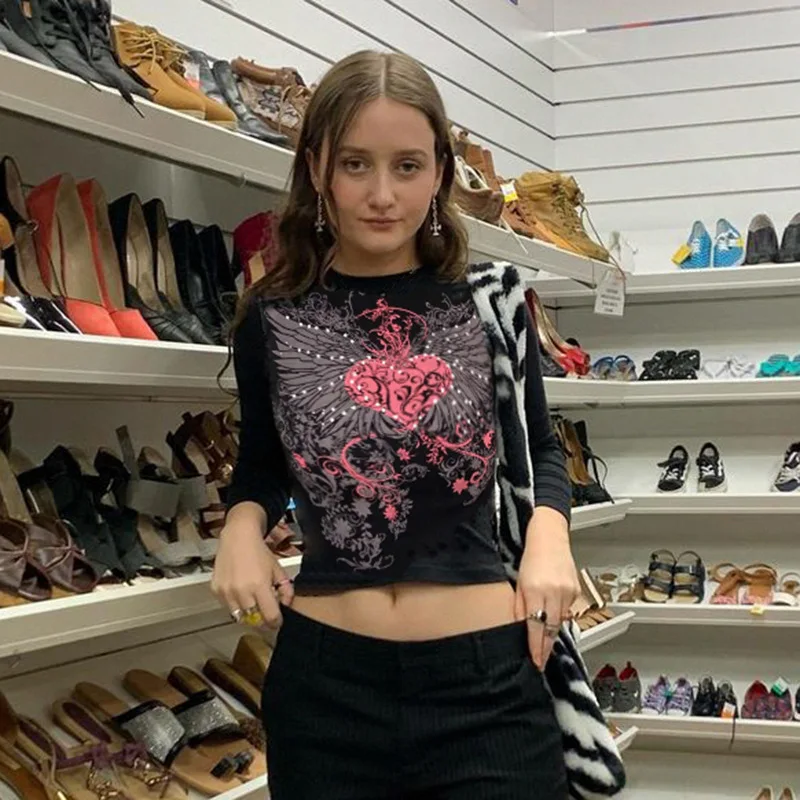 

Fashion 2000s Vintage Long Sleeve Crop Top Gothic 2021 Autumn Basic T Shirt Women Casual Grunge Y2K Aesthetic Tops Mall Goth