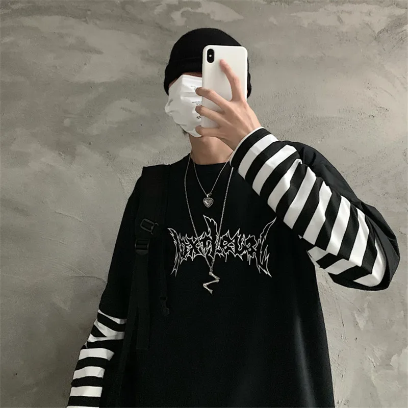 

New Women Shirt Harajuku Patchwork Striped Women T-shirt Fake 2 Pieces Women T Shirt Letter Print Long Sleeve Lady T-shirts