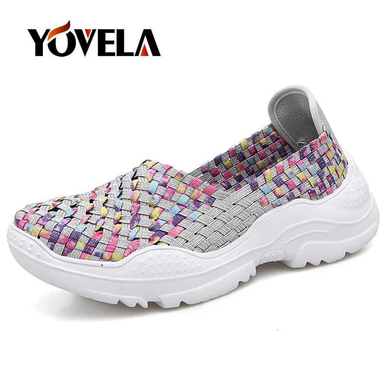 Кроссовки женские на платформе повседневная плетеная обувь без застежки мягкие