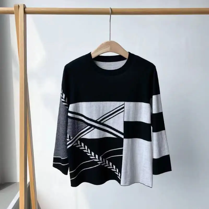 

2021 Autumn Winter Runway Sweater Women O-Neck Long Sleeve Loose Color Patchwork High Street Knitted Wool Pullovers Jumper Tops