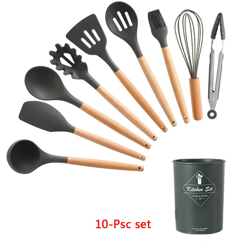10-Pcs kitchen set Силиконовые набор для кухни 11/12/13 шт, кухонный набор,набор кухонных принадлежностей, антипригарным,деревянной с лопатки, ложка,половник,Кухня инструменты,кухонная утва,серый,кухонные принадлежности из силикона - Цвет: 10-Pcs kitchen set
