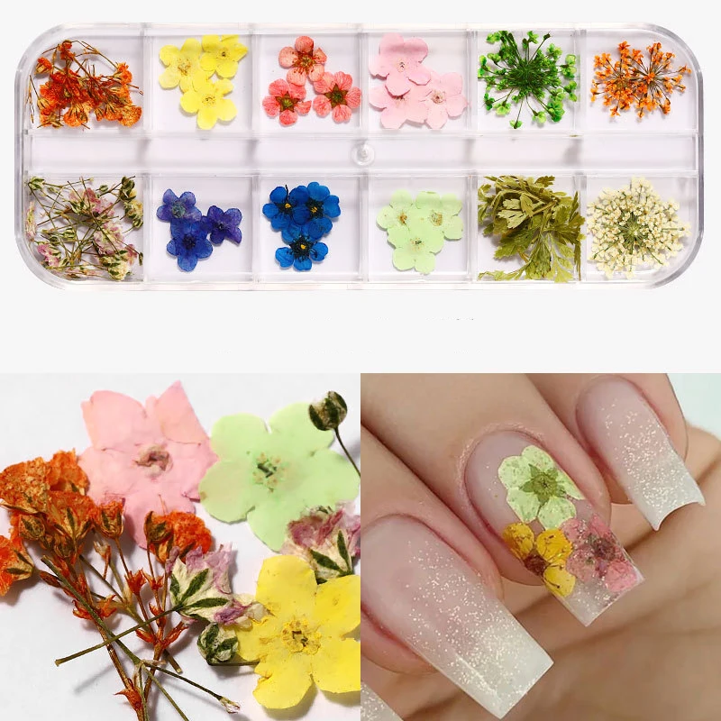 

24pcs Dried Flower Nail Decoration Natural Flower Leaf Sticker 3D Japanese Nail Art Creative Design 12 Grid Box Nail Accessories