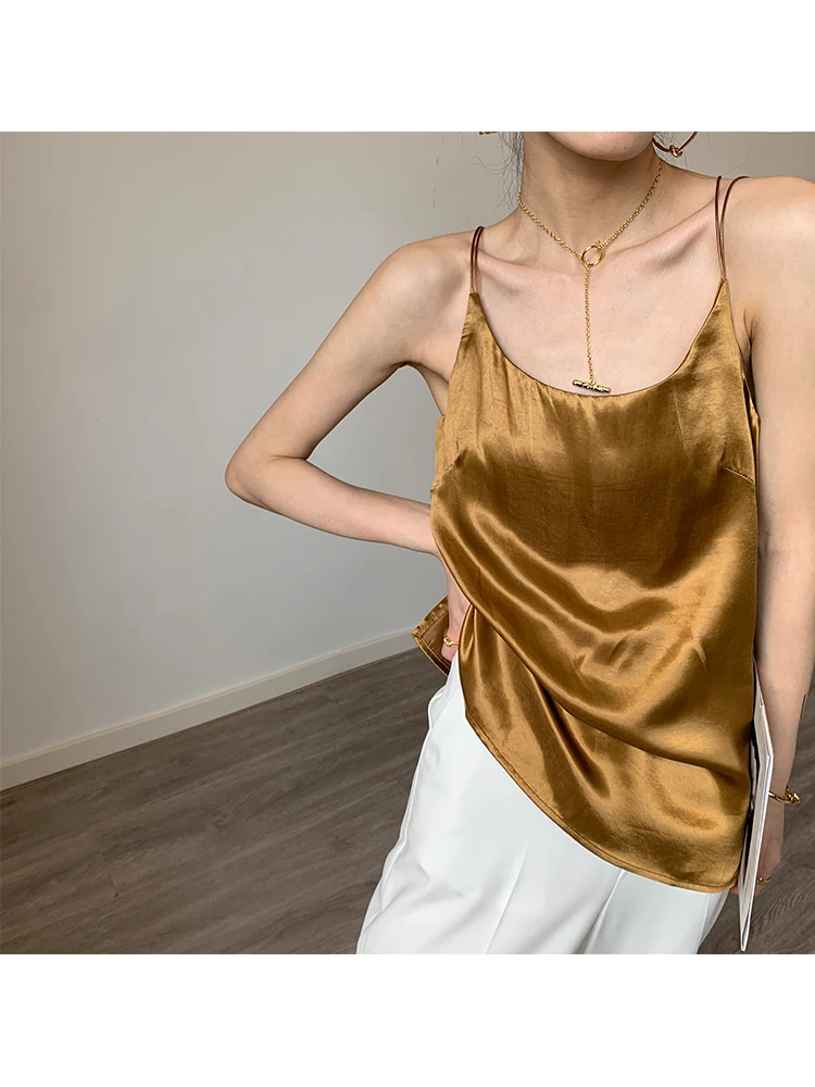 HA SA korean tank halter tops vintage Satin corset silk satin off shoulder bustier femme backless bandage vintage French fashion