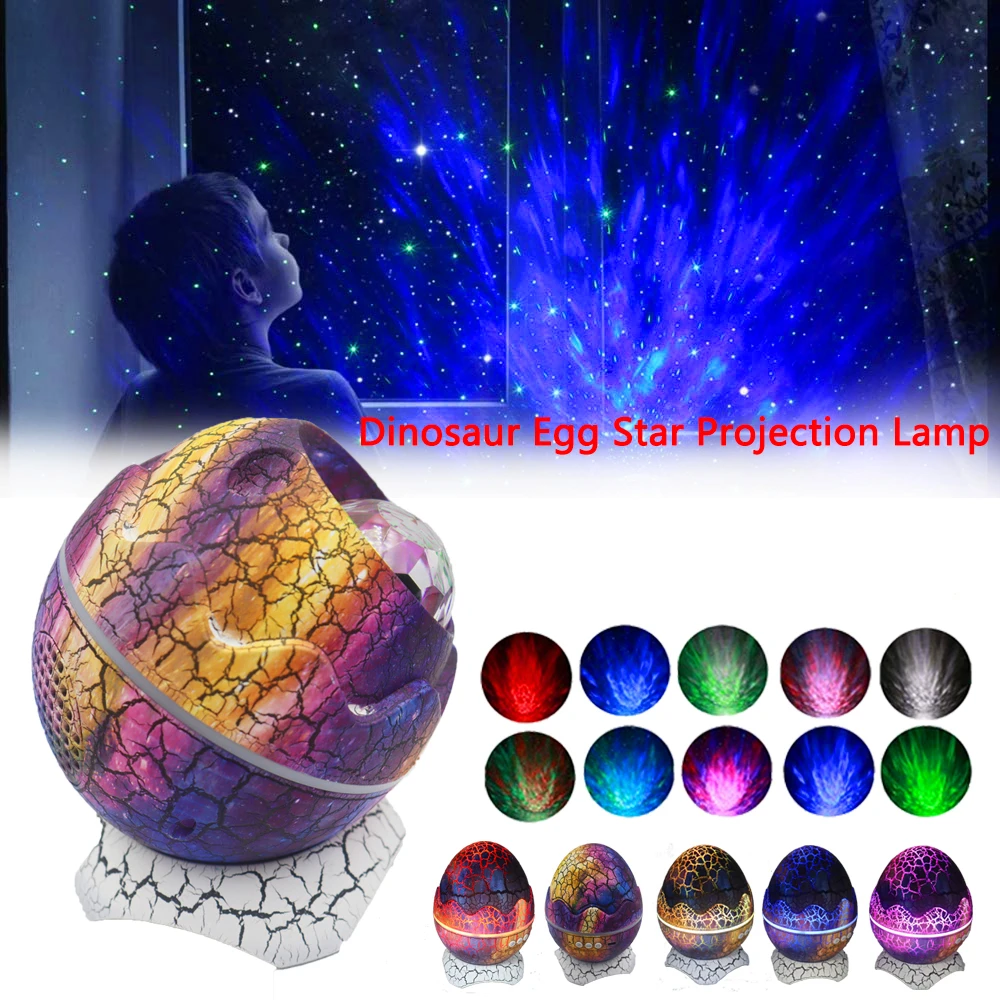 LED Dinosaur Egg Star Sky Projector Lamp Ocean Wave Remote Control Bluetooth Music 360 Degree Rotating Colorful Atmosphere Light