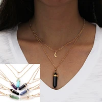 natural stone moon necklace crystal bullet hexagonal prism point pendant double layered chains for women fashion jewelry