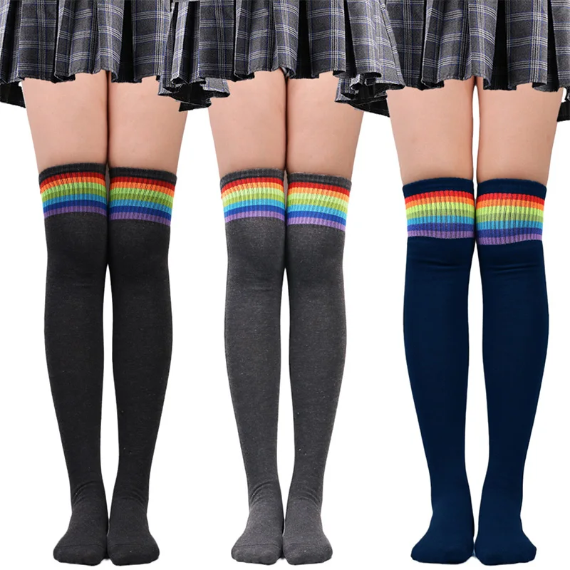 

Autumn Winter Long Socks for Women Girls Sexy Black Rainbow Striped Over Knee Thigh Korean Student Warm Knee Socks Stockings