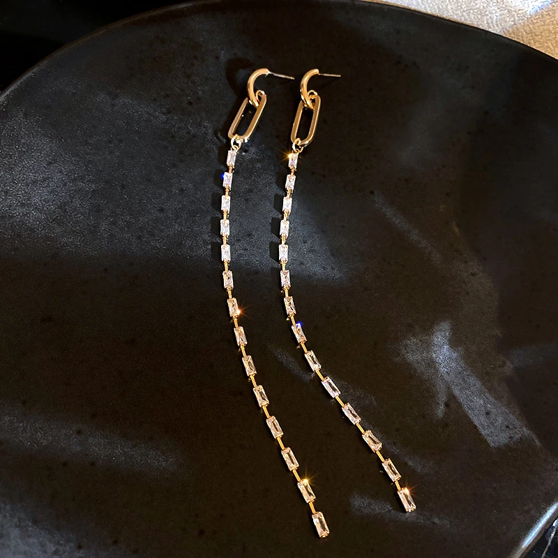 

Trendy Exquisite Geometric Zircon Tassels Drop Earrings for Women Girl High Quality Jewelry Bling AAA Zirconia S925 Needle Party