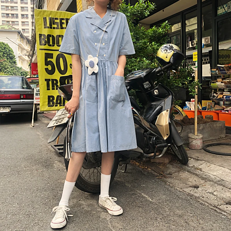 ulzzang notched loose preppy style black pockets high waistWomen's Clothing fashion brand summer dress vestidos korean dresses | Женская