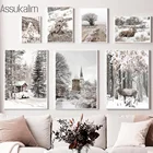 Настенная картина с изображением зимнего леса, снежный пейзаж, деревянный дом, олень, Антилопа, Картина на холсте, скандинавские настенные картины для декора гостиной