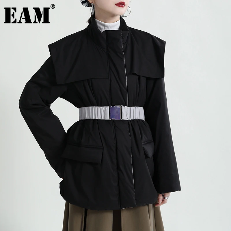 

[EAM] Black Warm Big Size Cotton-padded Coat Long Sleeve Loose Fit Women Parkas Fashion Tide New Autumn Winter 2021 1DE4474