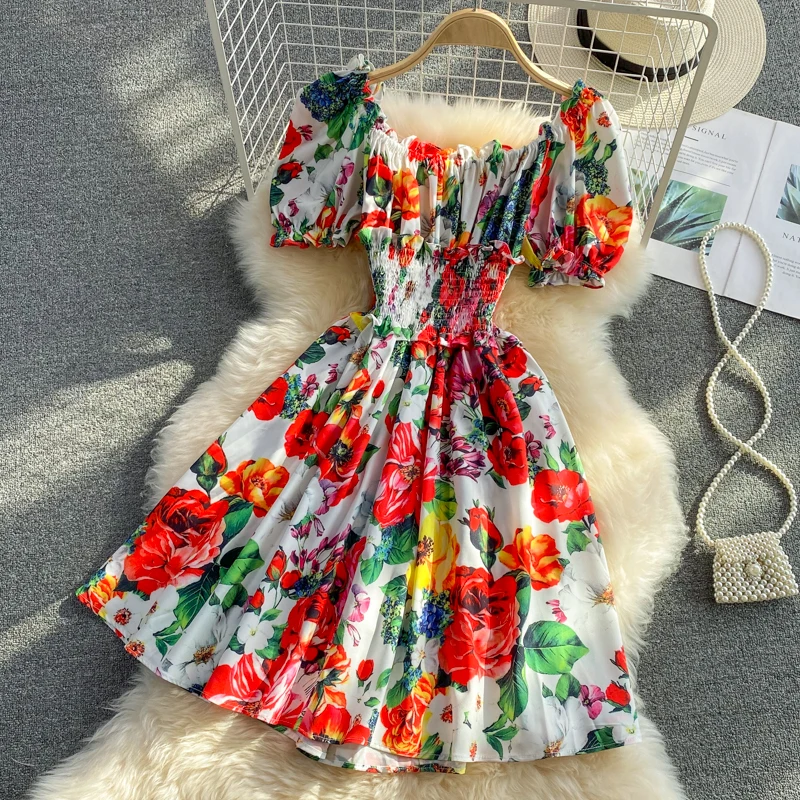 

Fashion Floral Print Pairie Chic Summer Dress Runway High Quality Women Clothes Slash Neck Mini Robe Femme Party Sweet Vestidos