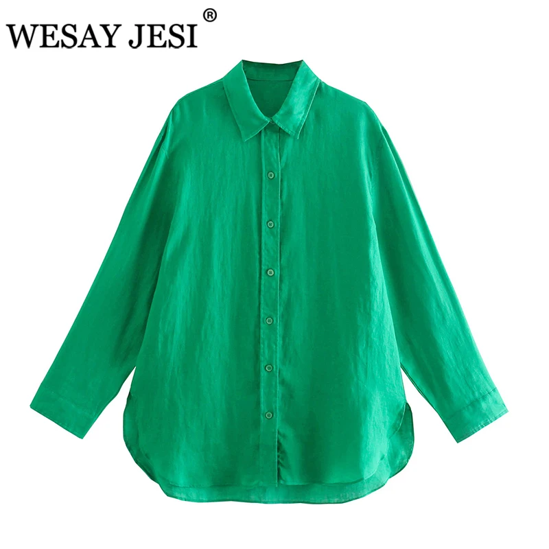 

WESAY JESI Women Clothes Fashion Buttons TRAF ZA Green Blouses Women Elegant Casual Long Sleeve Shirts Turn Down Collar Tops