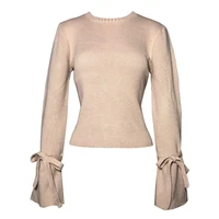 round neck solid color slim fit trumpet sleeve strap new casual khaki crop top retro womens autumn knit long sleeved sweater