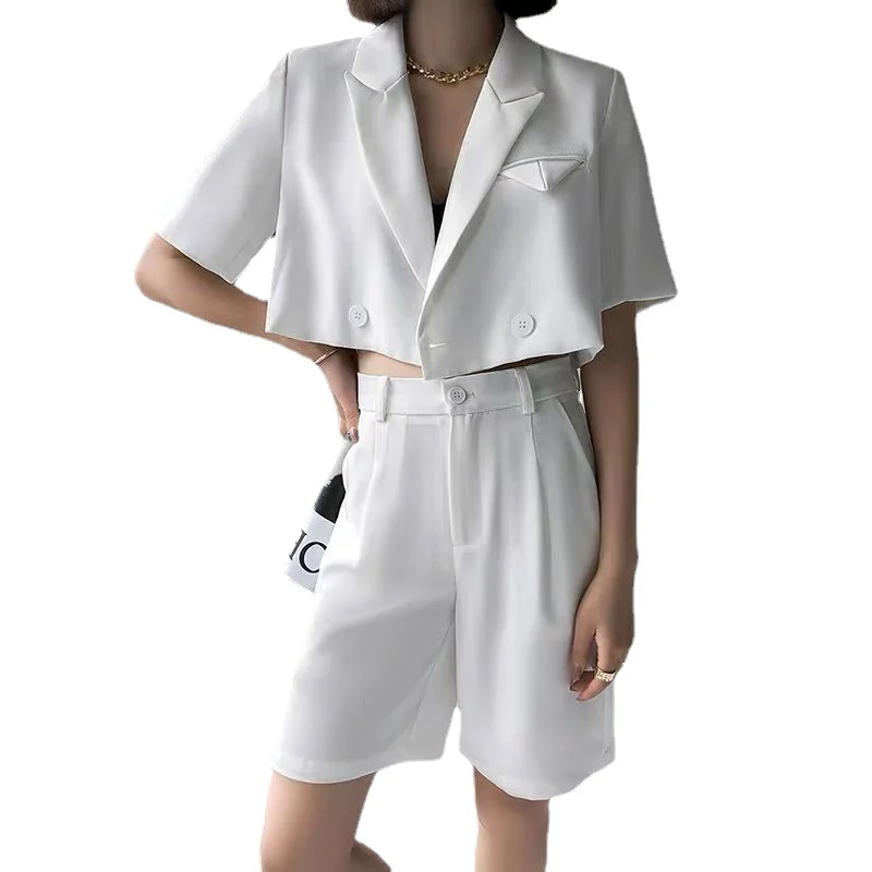 

2021 Women Summer Elegant Loose White Blazer Female Double Breasted Short Blazers+High Waist Shorts Street Sets Fashion