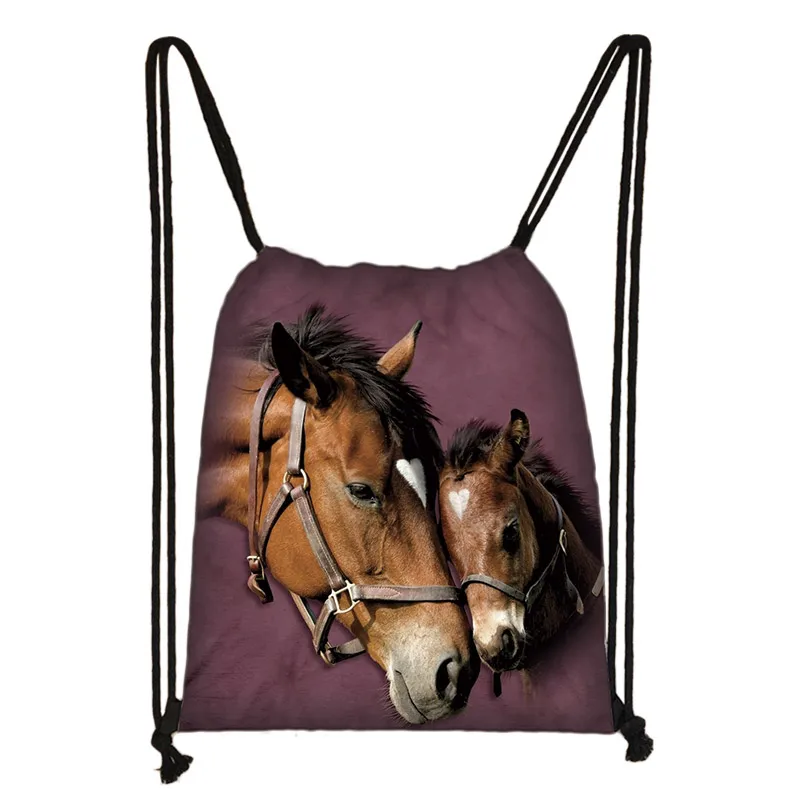 elegent animal horse print drawstring bag women men storage bag fashion rucksack cute pony boys girls backpack kids bookbag gift