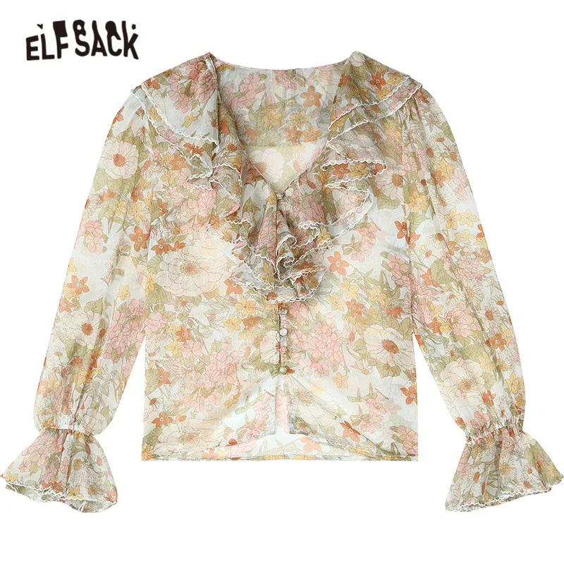 

ELFSACK Yellow Floral Print Casual Chiffon Ruffle Blouse Women 2020 Summer ELF Vintage See-Through Korean Ladies Holiday Tops