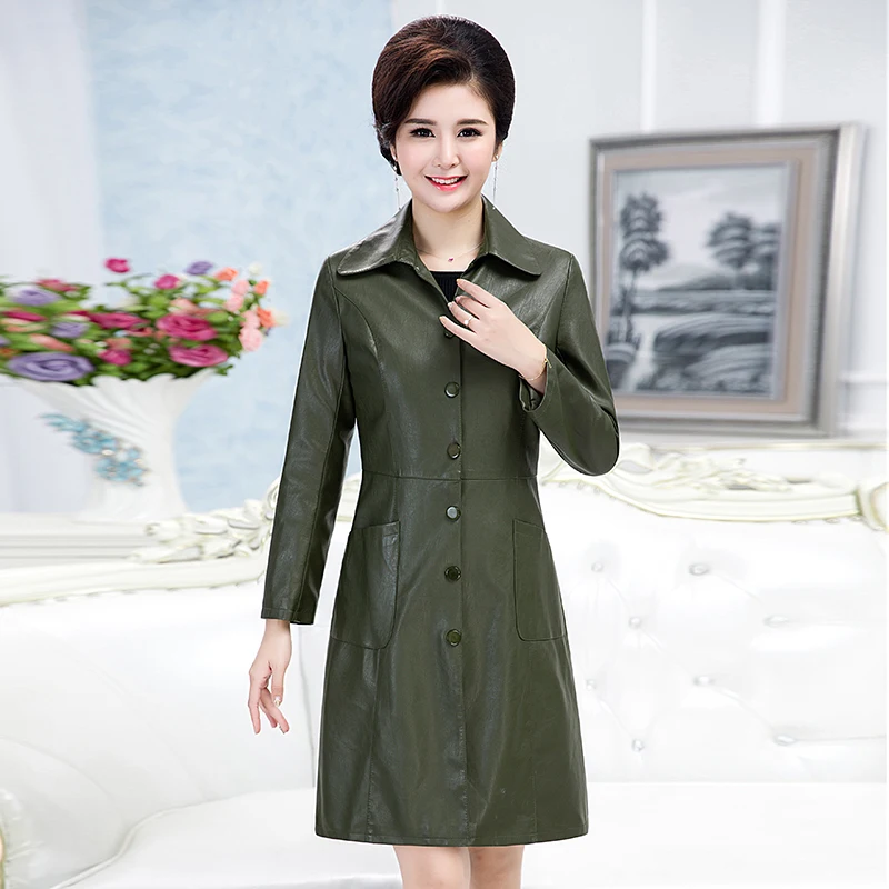 Женское однобортное пальто из искусственной кожи черный длинный тренчкот