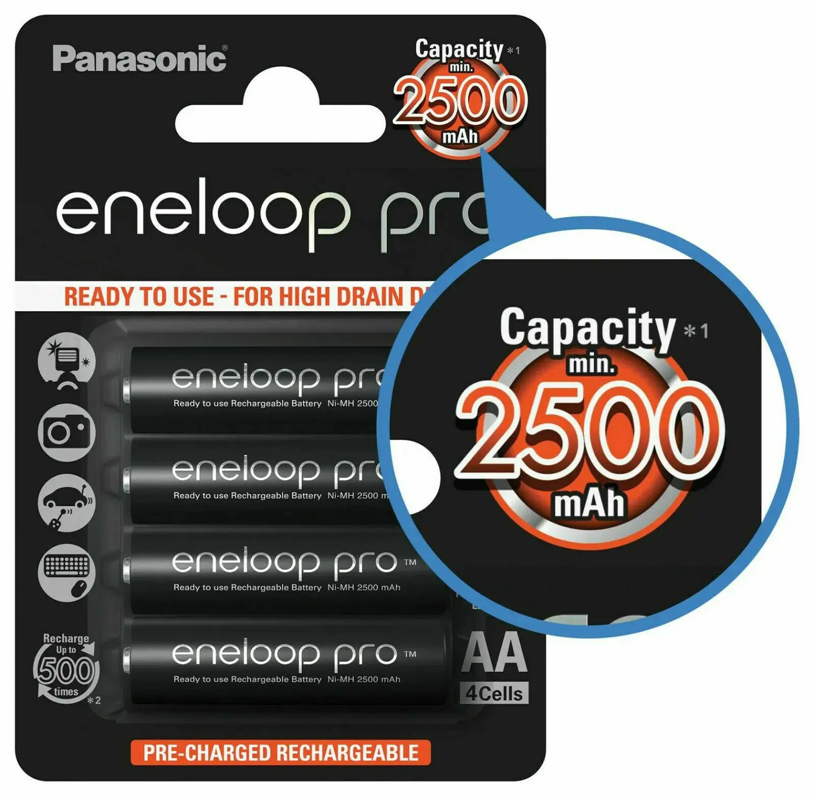 4x Panasonic Eneloop PRO AA HR06 2500 мАч NiMH перезаряжаемые батареи предварительно заряженные |
