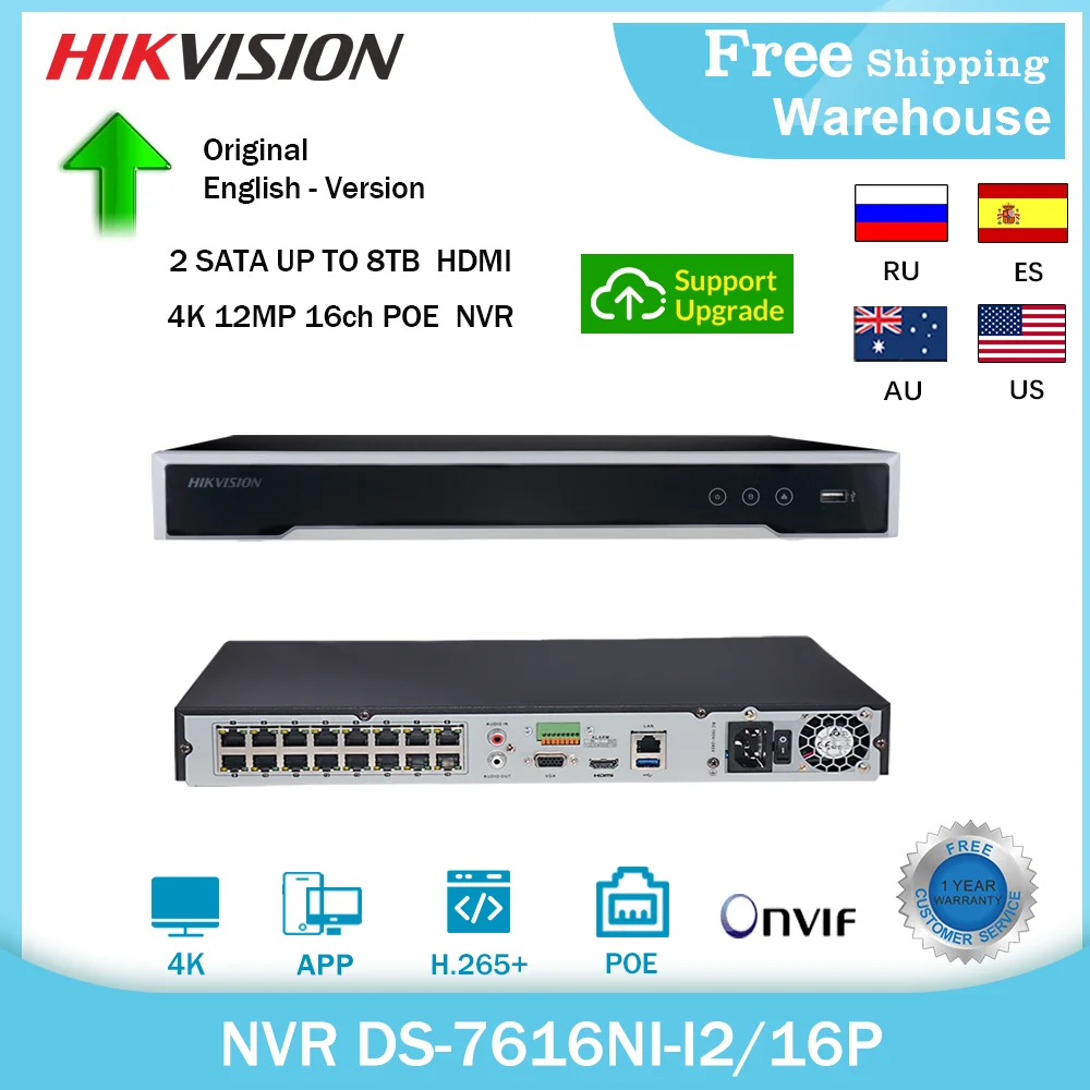 Bestellen Hikvision 4K POE NVR DS-7616NI-I2/16P 16CH 12MP H265 + P2P CCTV NVR Für IP Kamera Sicherheit Kamera System Video Recorder