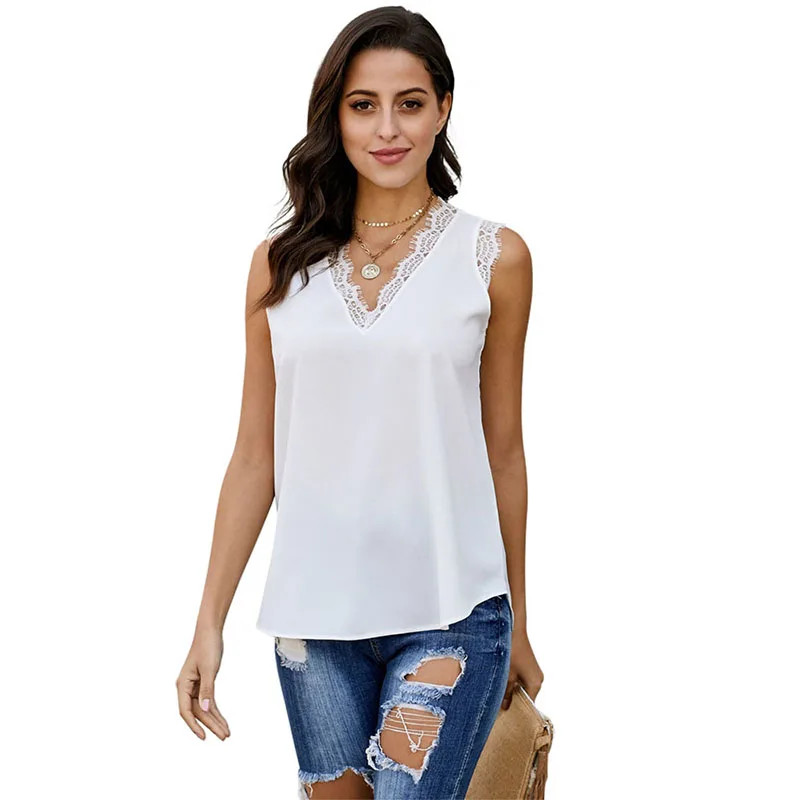 

Summer Plus Size Lace T-shirt Women V-neck Sleeveless Off Shoulder Sexy Tops Female Casual Office Streetwear Tees
