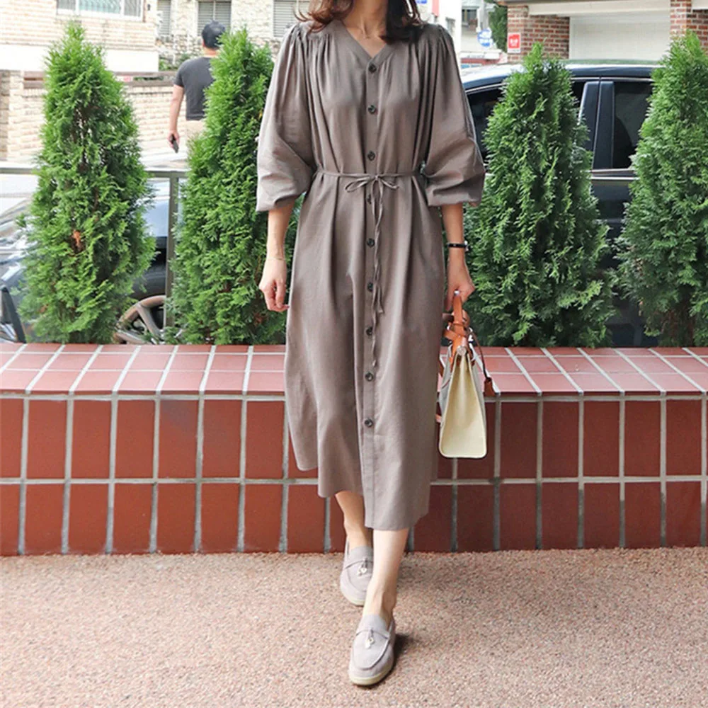 

V-neck Single-breasted Loose Long Women's Clothing Solid Color Dress 2021 Autumn New Japanese Style Casual Loose 7 Sleeves